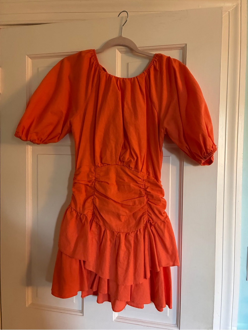 Hello Molly Bright Orange Mini Dress with Puff Sleeves
